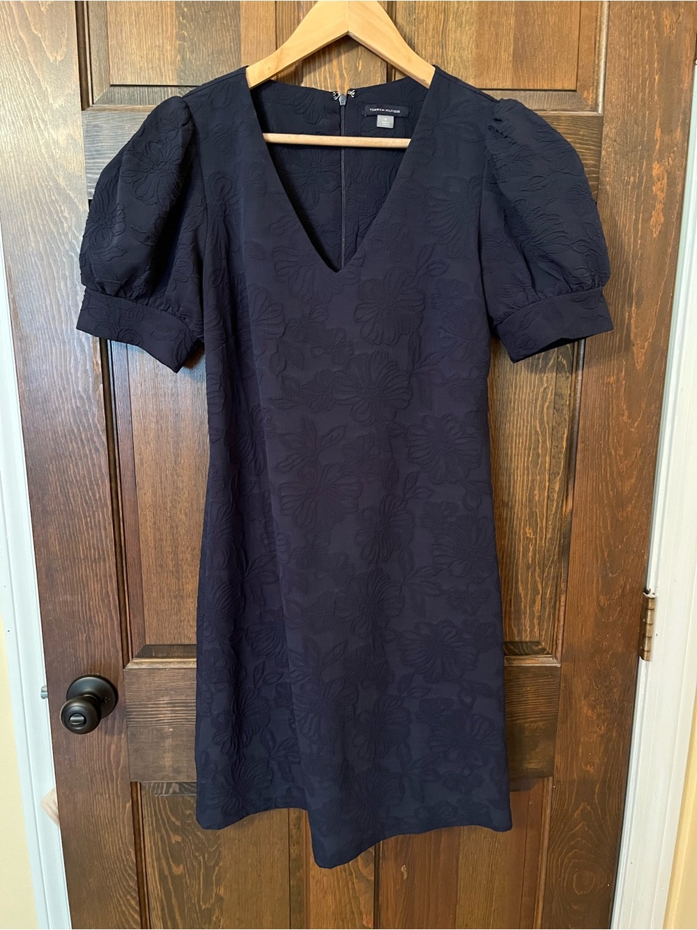 Tommy Hilfiger Navy Floral Jacquard Puff-Sleeve Mini Dress